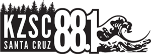 KZSC 88.1 Santa Cruz logo with silhouettes of trees above the text and stylized ocean waves beside the numbers.